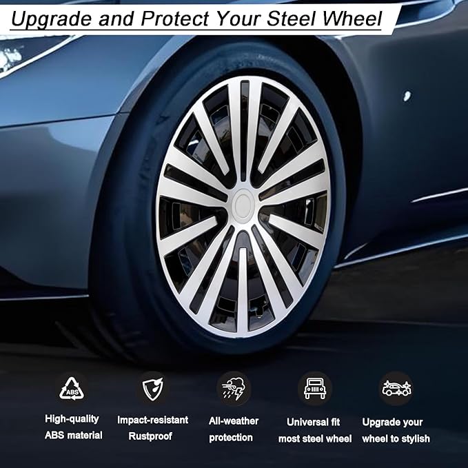 Hubcap Wheel Cover Replacement R15 Hub Caps Universal Wheel Rim Cover ABS Material Exterior Accessories Snap On Car Truck SUV -Set of 4 (15-Inch, Silver-Black)