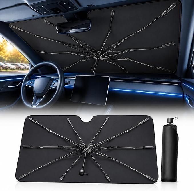 2026 Upgraded DooGooCoo Windshield Sun Shade Umbrella for Car, Reinforced Frame, UV Block Heat Shield, Keeps Interior Cooler, Foldable Front Windshield Cover, Large (61"x35")