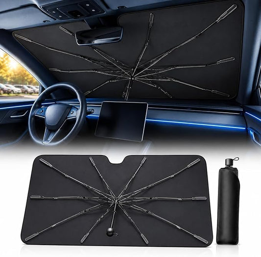 2026 Upgraded DooGooCoo Windshield Sun Shade Umbrella for Car, Reinforced Frame, UV Block Heat Shield, Keeps Interior Cooler, Foldable Front Windshield Cover, Large (61"x35")