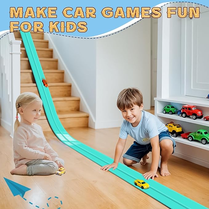 Flex Track 15 Ft Starter Set, Flexible Race Car Ramp Track for Ages 3 & Up with Suction Cups Compatible with Diecast 1/64th Cars