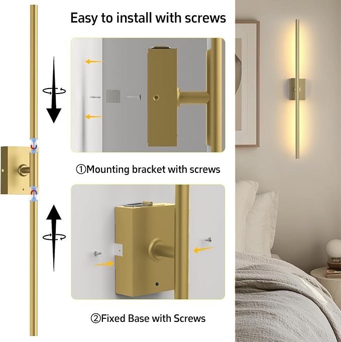 Battery Operated Wall Sconces Set of Two: Dimmable Wireless Wall Lights with Remote, 31-inch LED Rechargeable Sconces, 360° Lighting Wall Scone Decor for TV, Mirror, Bedroom, Living Room(Gold)