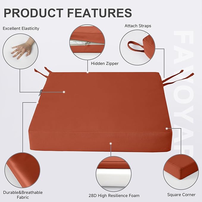 Favoyard Patio Chair Cushions 20 x 20 x 3 Inch Waterproof Outdoor Seat Cushions for Patio Furniture 3-Year Color Fastness Garden Sofa Couch Chair Pads with Handle & Adjustable Straps Set of 2, Spice