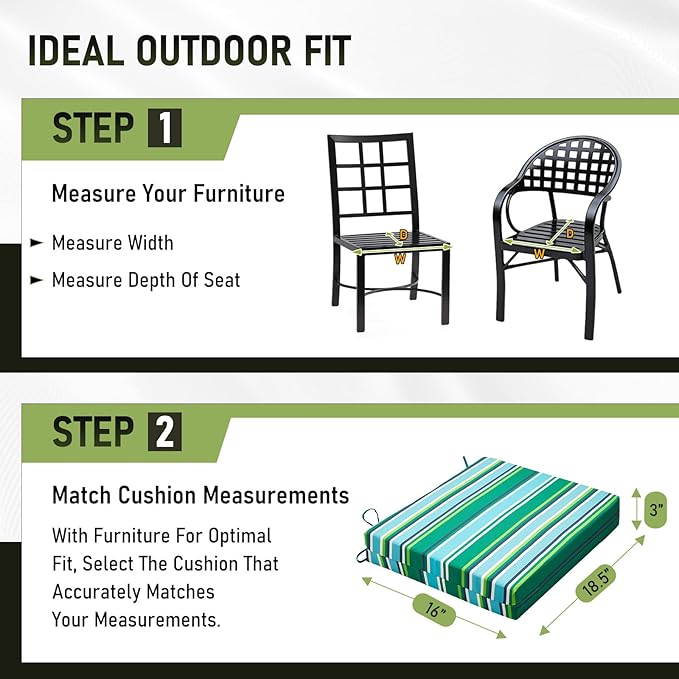 Basic Beyond Outdoor Chair Cushions Set of 4, Square Corner Outdoor Cushions for Patio Furniture, Water Resistant Patio Chair Cushions with 2 Ties, 18.5x16x3, Pinstriped Green