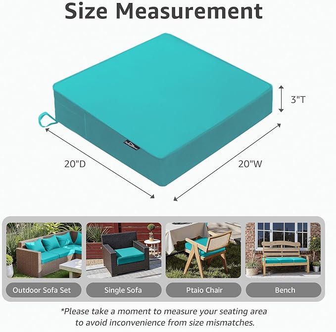 PatioGlow Outdoor Chair Cushions 20 x 20 x 3 Inch, Waterproof & Fade Resistant Patio Seat Cushion for Furniture with Handle and Ties, Thick Seating Pads for Outside Sofa Couch Set of 2, Teal