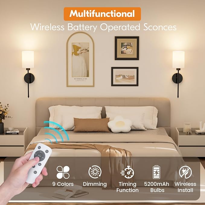 NIORSUN 20.67 inch Battery Operated Wall Sconce Set of 2, Black Rechargeable Wall Lights with 10400mAh Dimmable Bulbs and Remote, 9 Colors Wireless Wall Lamps for Bedroom Living Room Hallway