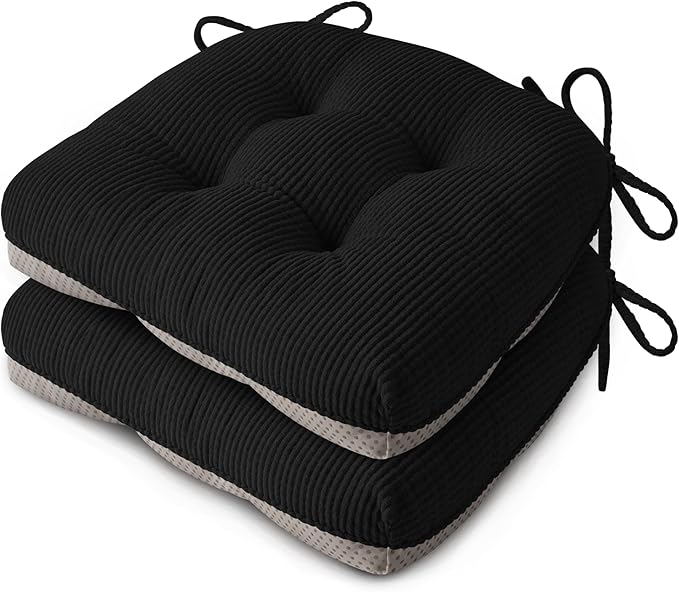 Indoor Kitchen Chair Cushions Set of 2 18"X16.5"X3" Soft Anti Slip Dining Chair Pads Tufted Kitchen Seat Cushion with Ties, Black