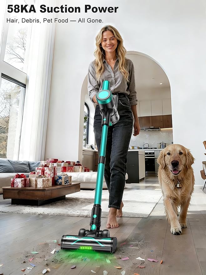 Cordless Vacuum Cleaner,58kPa/10-in-1 Stick Vacuum with 29-inch Hose and LED Lighting Brush,50Mins Runtime Vacuum Cleaner for Home,Self-Standing Vacuum with Anti-Tangle Brush for Pet Hair/Carpet/Floor