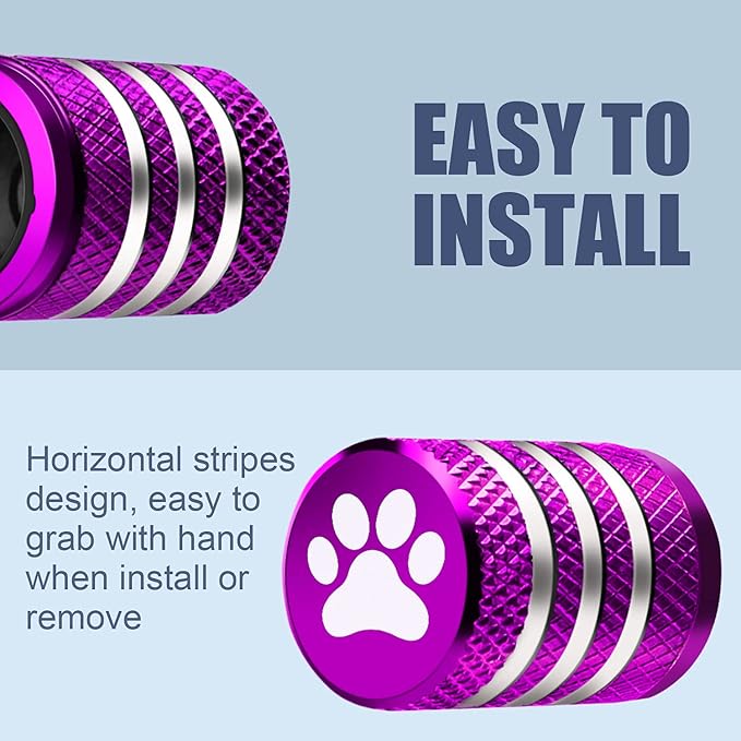 Tire Valve Stem Caps Cover - (5 Pack) Tire Air Caps Metal with Plastic Liner Corrosion Resistant Leak-Proof Dog Paw Print for Car Truck Motorcycle Bike Purple