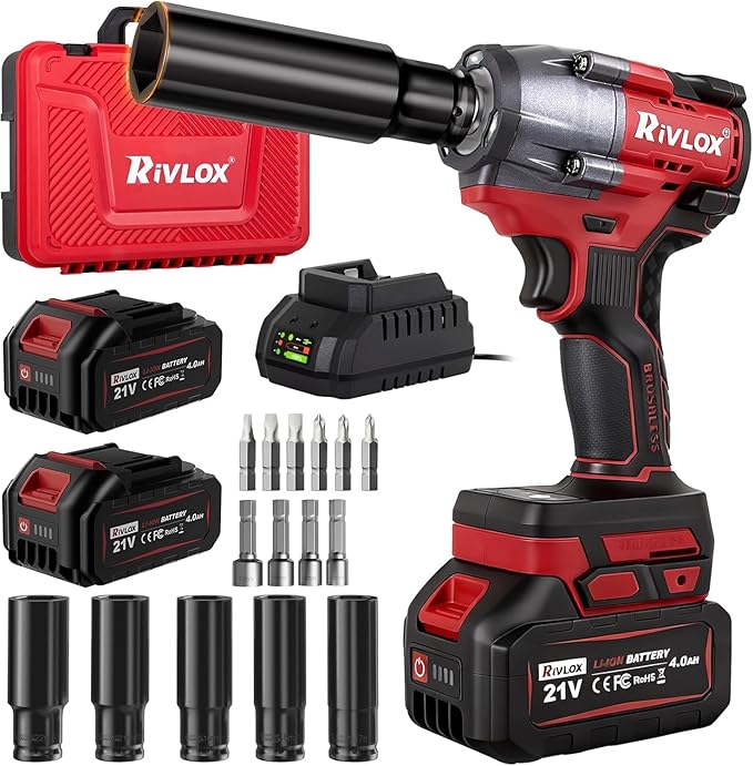 Cordless Impact Wrench1/2 Inch, 800N. M/590Ft-lbs Power Impact Gun Kit, High Torque Electric Impact Driver for Car RV Tire,LED Light,4.0Ah Battery,Car/DIY Furniture/Home,Power tools,Red Toolbox