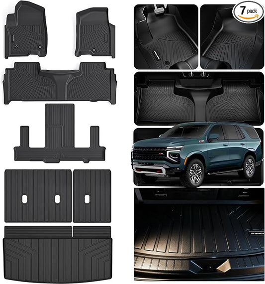 Floor Mats for 2021-2025 2026 Chevrolet Chevy Tahoe 7 Seats (2 Row Bucket Seat)/GMC Yukon (Not for XL) & Cargo Mat & Backrest Mat,TPE All Weather Protection Car Full Set mats Accessories