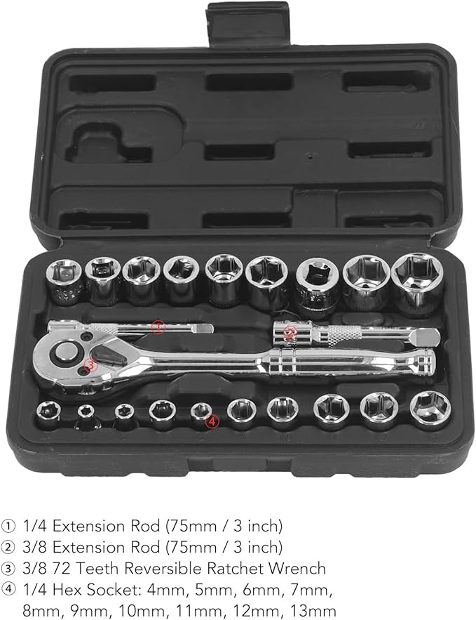 46 Piece Automotive Repair Kit, 72 Teeth Reversible Ratchet Wrench, Vanadium Steel, Quick Release, for Car Maintenance and DIY Repairs