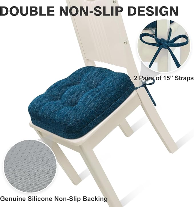 Shinnwa Dining Chair Cushions Set of 6, Dual-Layer Memory Foam Kitchen Chair Cushions, Patented Design Seat Pads with Ties, 16.5 x 16.5 x 3.5in, 6 Pack, Navy Blue
