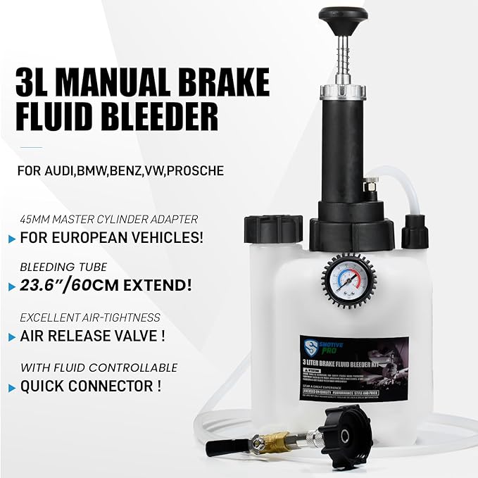 SMOTIVEPRO 3L Manual Brake Bleeder Fluid Pump, One Man Professional Brake Bleeder Kit Suitable for Most European Brake Mast Cylinder Reservoirs