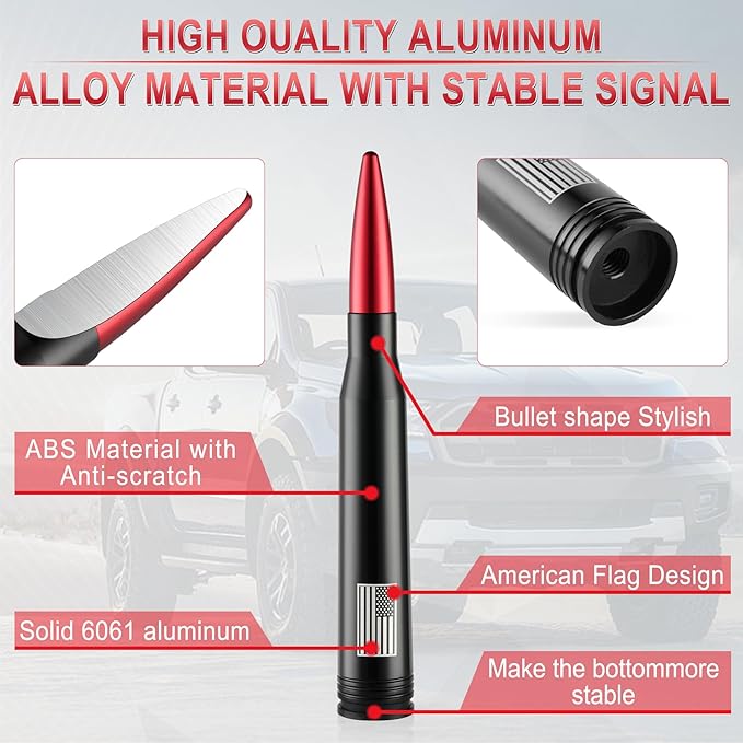 BJSIA American Flag Car Antenna for Truck with Valve Stem Caps - Universal Compatible with Ford, Dodge, Chevrolet, GMC, Jeep, Toyota Truck Car Accessories, Heavy Duty Pickup Trucks Accessories - Red