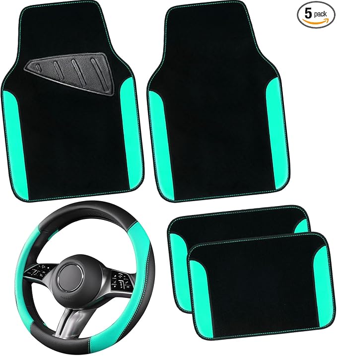 CAR PASS Faux Leather Steering Wheel Cover and Waterproof Car Floor Mats,Universal Car Combo Fit for 95% Sedan,SUV,Cars,14.5-15inch Sporty Anti-Slip Safety Comfortable Design(Black＆Mint)