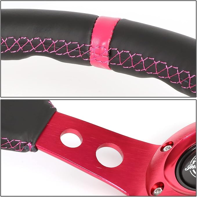NRG Innovations NRG-RST-006FH Reinforced Steering Wheel 350mm Sport Steering Wheel (3" Deep), Black Leather Fushia Center Mark with Fushia Stitching, Fushia Center Spoke