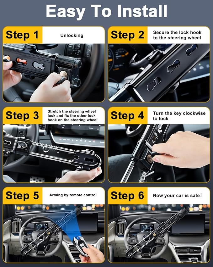 Electop Steering Wheel Lock with 113db Alarm Car Lock Heavy Duty Car Alarm System with Motion Sensor Anti Theft Device with Adjustable Locking and 2 Keys Car Alarm System for Auto Truck Van SUV