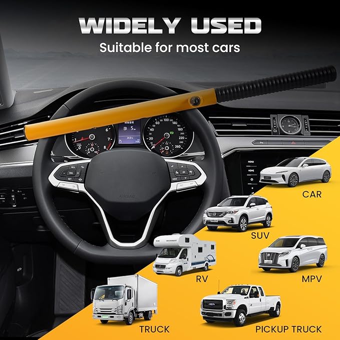 LAMA Heavy Duty Steering Wheel Lock Car Anti-Theft Device, Universal Vehicle Steering Wheel Lock Car Anti Theft Security Lock for Cars Trucks Vans and SUVs(Yellow)