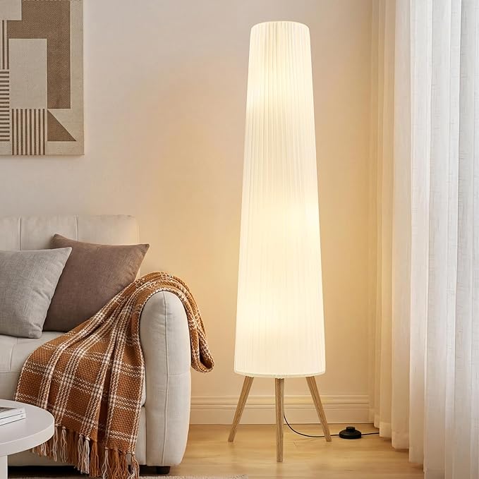 GyroVu 60 Inch Wood Floor Lamp, White Cloth Shade, Color Temperature Adjustable Softlighting Corner Lamp, 3 Bulbs Standing Lamp, Creative Ambient Light for Living Room Bedroom&Office-Bulbs Included