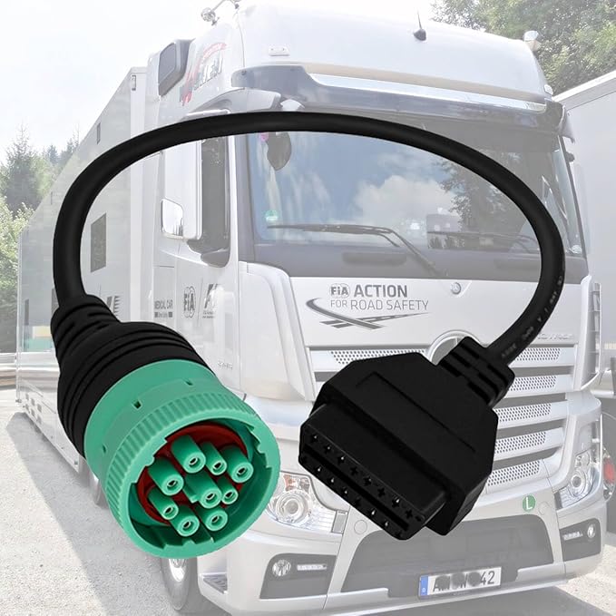J1939 Adapter Cable for Heavy Duty Trucks and Commercial Vehicles,Green Type 2 J1939 Male to 16pin OBD2 Female Cable,9 Pin to OBD2 Adapter Connector Work with OBD Scanner for Diesel Trucks