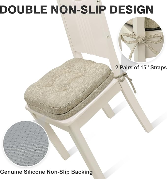 Shinnwa Dining Chair Cushions Set of 2, Dual-Layer Memory Foam Kitchen Chair Cushions, Patented Design Seat Pads with Ties, 16.5 x 16.5 x 3.5in, 2 Pack, Beige