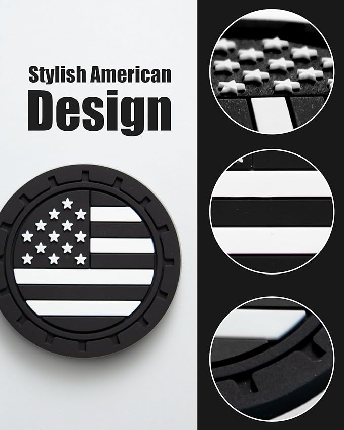 Car Cup Holder Coasters 4 Pack - American Flag 2.75 Inch Anti Slip Shockproof Drink Mat - Vehicle Interior Decor Accessories Black