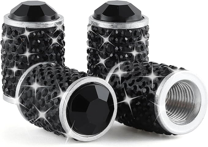 Alpmosn Car Wheel Tire Valve Caps, 4 PCS Bling Tire Valve Caps, Crystal Tire Caps Shinny Rhinestone for Women, Universal Car Dustproof Tire Valve Caps for Cars, Trucks, SUV and Motorcycles (Black)