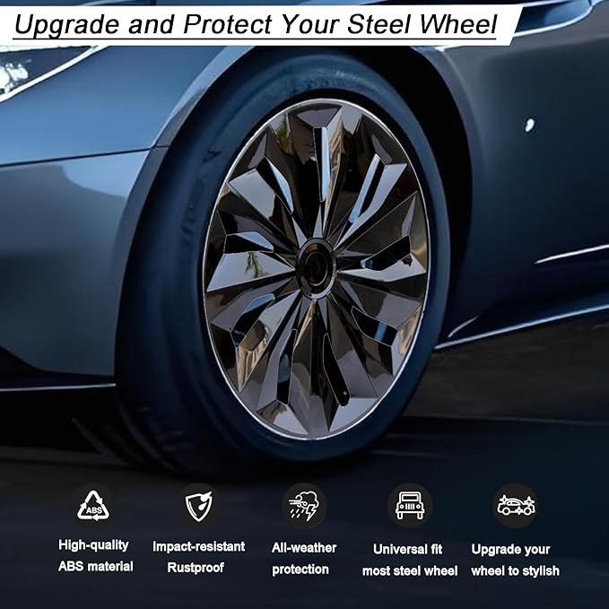 Hubcaps Wheel Cover Replacement Size R14 Hub Cap Universal-Fit Steel Wheels Rims Cover ABS Tire Caps for Most Car Truck Sedan SUV -Set of 4（14-inch，Black）