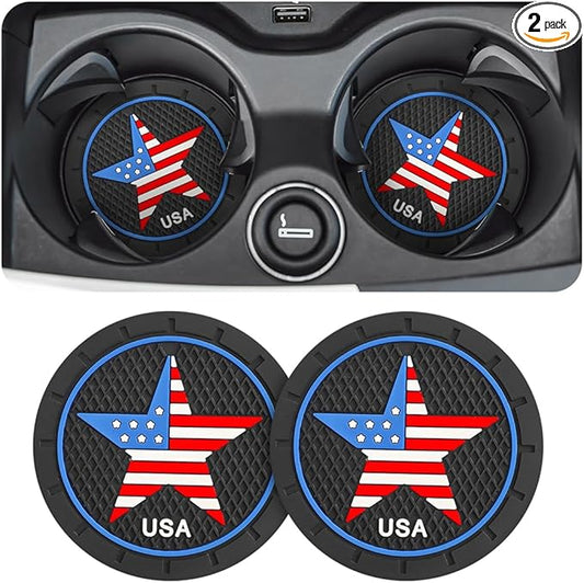AUCELI 2 Pack Car Cup Holder Coasters, Colored American Flag US Flag Insert Car Cup Coaster, 2.75 Inch Anti Slip Shockproof Embedded Drink Mat, Vehicle Interior Decor Accessories