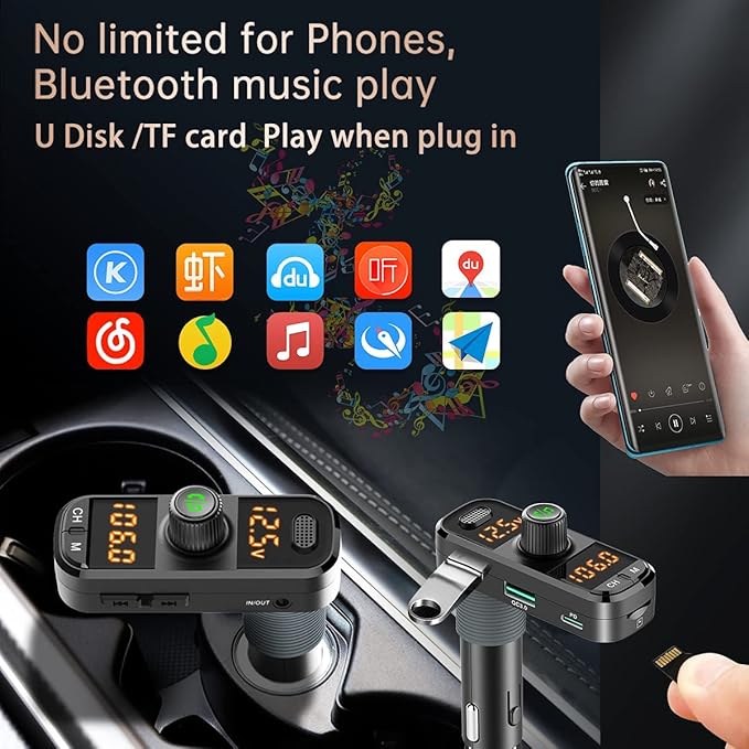 Bluetooth 5.0 Car Change Radio Receiver with 2 Stronger Microphones, 41W PD QC 3.0 USB Car Charger, Aux in/Out Wireless Audio Music Adapter, with Hands Free Calls and Voice Assistant