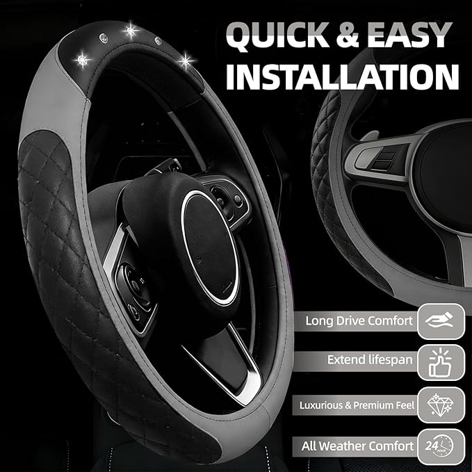 NBTEPEM 6 PCS Bling Car Accessories Set, Leather Steering Wheel Covers Universal 14.5-15 inch, Center Console Cover, Seat Belt Cushion, Cup Holder Coaster (Gray)
