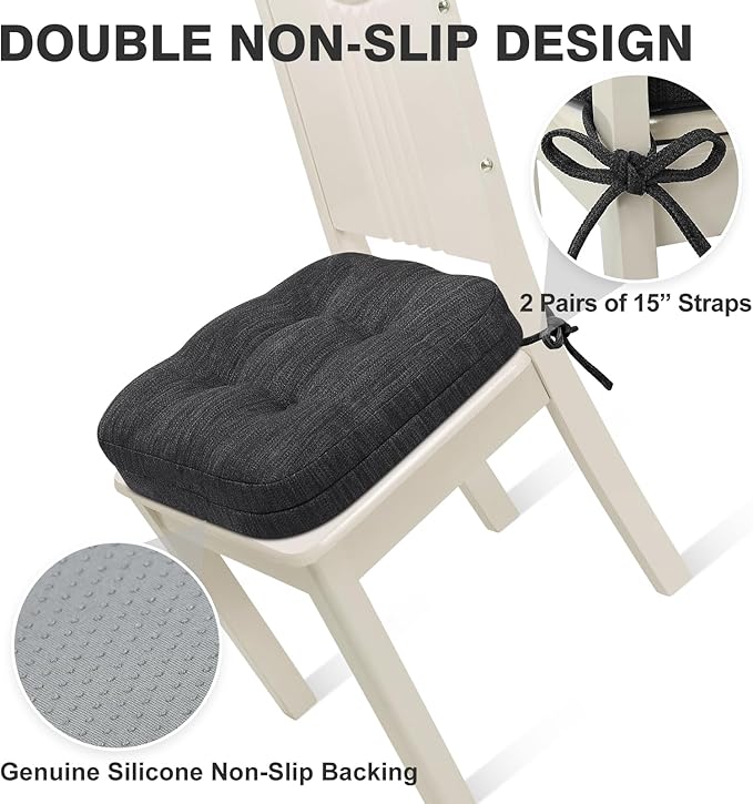 Shinnwa Kitchen Chair Cushions Set of 6, Dual-Layer Memory Foam Dining Chair Cushions, Patented Design Seat Pads with Ties, 16.5 x 16.5 x 3.5in, 6 Pack, Charcoal