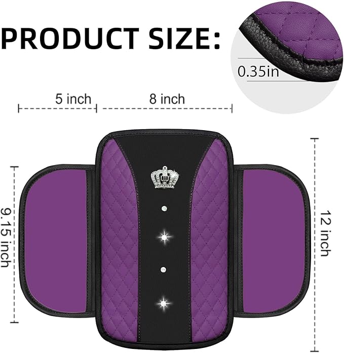 NBTEPEM 6 PCS Bling Car Accessories Set, Leather Steering Wheel Covers Universal 14.5-15 inch, Center Console Cover, Seat Belt Cushion, Cup Holder Coaster (Purple)