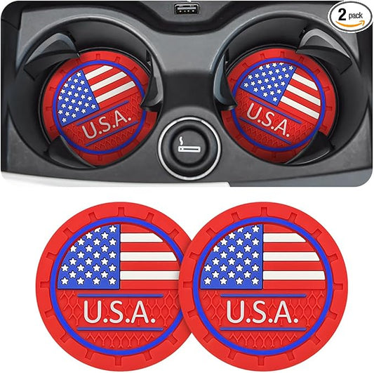 AUCELI 2 Pack Car Cup Holder Coasters, Colored American Flag US Flag Insert Car Cup Coaster, 2.75 Inch Anti Slip Shockproof Embedded Drink Mat, Vehicle Interior Decor Accessories