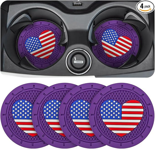 AUCELI 4 Pack Car Cup Holder Coasters, Colored American Flag US Flag Insert Car Cup Coaster, 2.75 Inch Anti Slip Shockproof Embedded Drink Mat, Vehicle Interior Decor Accessories