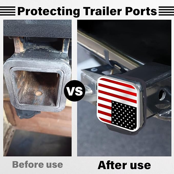 2 Inch Rubber Trailer Hitch Cover, Durable Tow Hitch Covers with American Flag, Car Exterior Accessories Fits for 2 Inches Hitch Receivers, Hitch Cover Tube Plug Cap for Trucks(Silver&Red Line)