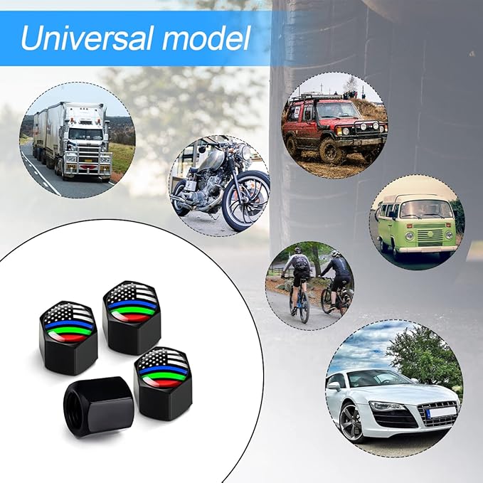 4PCS American Flag Tire Valve Stem Caps for Car, Auto Anti-Rust Airtight Rubber Valve Stem Covers, Leakproof Wheel and Tire Exterior Accessories Universal for Car, Bikes,Vehicles (Black/Multicolor)