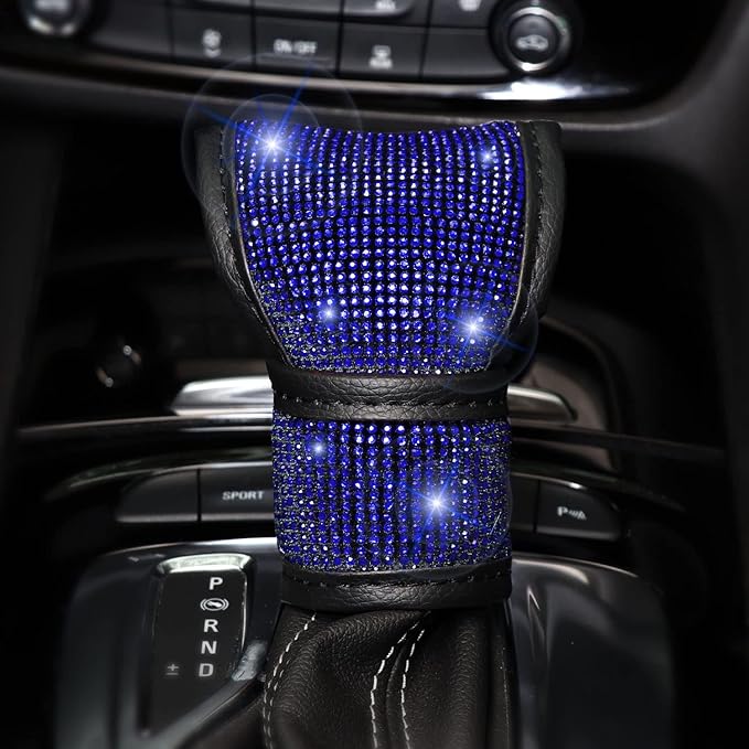 7 Pack Bling Car Accessories Set for Women Girl,Blue Diamond Steering Wheel Cover Set 15 inch,Seat Belt Pad,Stick Shift Cover,Push Start Button Bling Ring,Car Coasters, Blue