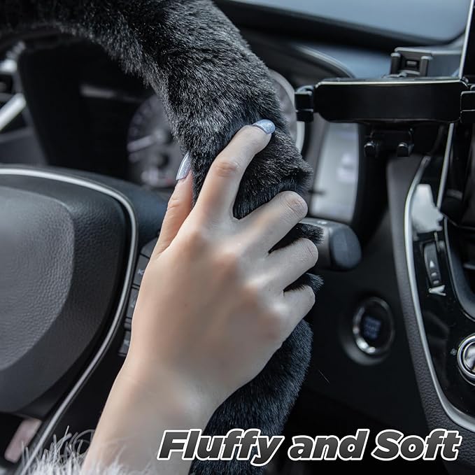 SEG Direct Furry Car Steering Wheel Cover with Fluffy Gear Shift Cover Soft Warm Non-Slip Car Decoration for Men Women Girls 2 PCS Set, Black