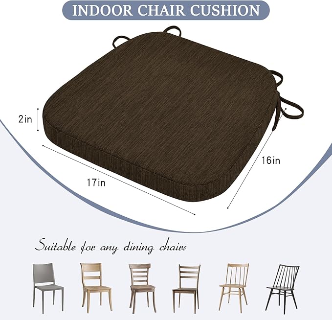 baibu Kitchen Chair Cushions, Dual-Layer Patented Design Molded Memory Foam Dining Chair Pads with Ties and Washable Cover, 17" x 16" x 2", Dark Brown