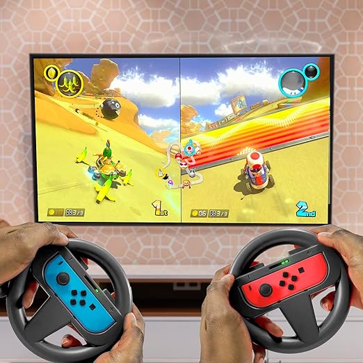 Orzly Steering Wheels for Nintendo Switch & OLED Console JoyCons, Racing Wheels for Mario Kart 8 Deluxe [Mariokart Switch Steering Wheel Joycon Controller Attachment Accessories]-TWIN PACK [2X Black]