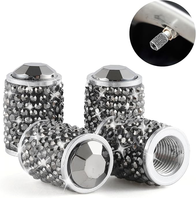 Alpmosn Car Wheel Tire Valve Caps, 4 PCS Bling Tire Valve Caps, Crystal Tire Caps Shinny Rhinestone for Women, Universal Car Dustproof Tire Valve Caps for Cars, Trucks, SUV and Motorcycles (Gray)