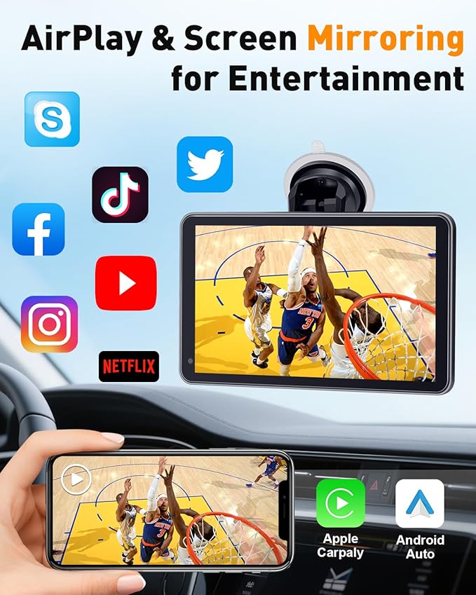 3-Min-Install Wireless Portable CarPlay Screen: Support Android Auto & Apple CarPlay - 7" HD 1080P Display with Voice Control, Hands-Free Callling, Maps Navigation, Upgrade for Older Cars in Daily Use