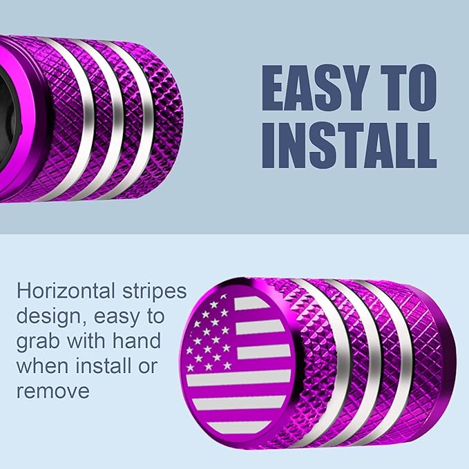 Tire Valve Stem Cap Cover - (5 Pack) Tire Air Cap Metal with Plastic Liner Corrosion Resistant Leak-Proof American Flag for Car Truck Motorcycle Bike Purple