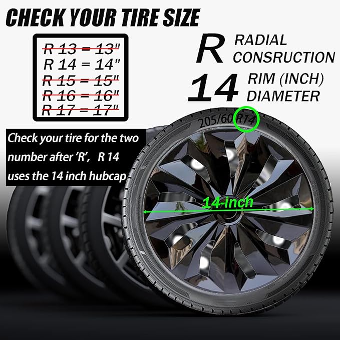 Hubcaps Wheel Cover Replacement Size R14 Hub Cap Universal-Fit Steel Wheels Rims Cover ABS Tire Caps for Most Car Truck Sedan SUV -Set of 4（14-inch，Black）