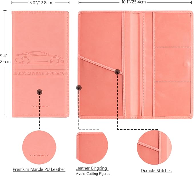 TOURSUIT Car Registration and Insurance Card Holder, Vehicle License Document Glove Box Compartment Organizer, Interior Car Accessories for Women Men Teens (Pink)