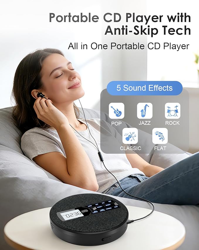 Portable CD Player with FM Transmitter for Car, Rechargeable Small CD Player Portable with Bluetooth & Dual Stereo Speakers for Home, Anti-Skip, Resume Playback, AUX/USB, Headphones