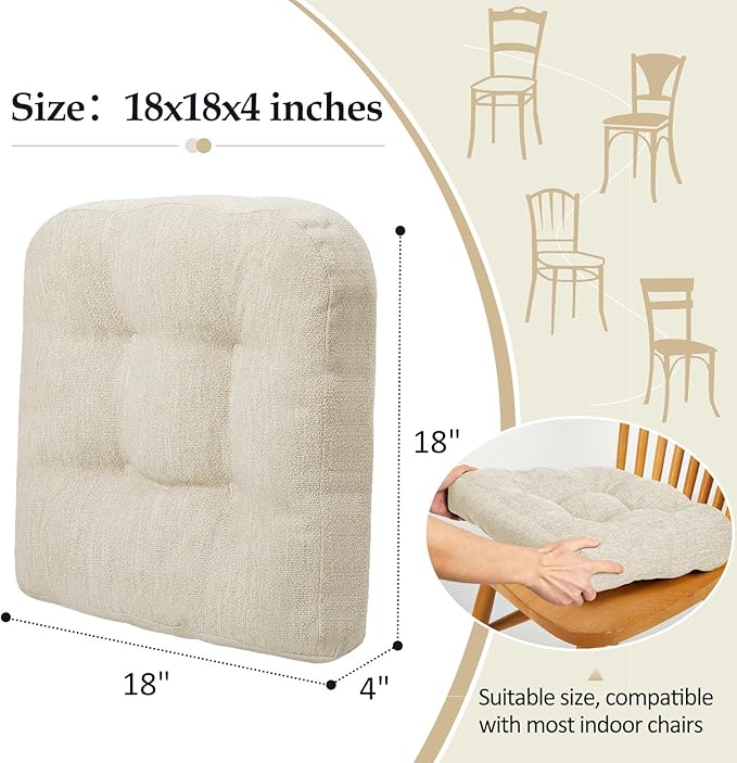 downluxe Chair Cushions for Dining Chairs 4 Pack, Tufted Indoor Chair Pads with Non-Slip Bottom, U-Shaped Kitchen Chair Cushions, 18"x18"x4", Beige