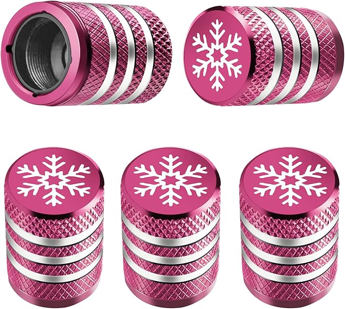 Tire Valve Stem Cap Cover - (5 Pack) Tire Air Caps Metal with Plastic Liner Corrosion Resistant Leak-Proof Snow Snowflake for Car Motorcycle Bike Pink