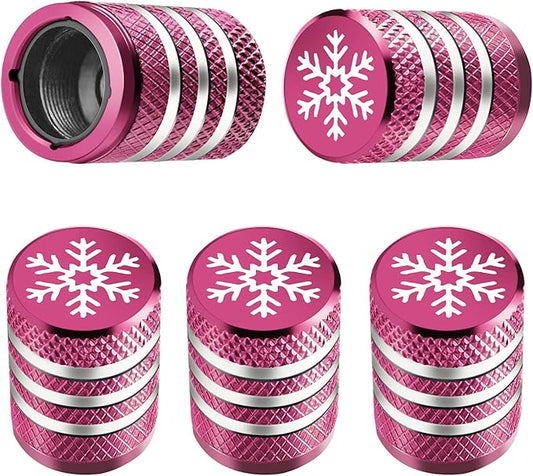 Tire Valve Stem Cap Cover - (5 Pack) Tire Air Caps Metal with Plastic Liner Corrosion Resistant Leak-Proof Snow Snowflake for Car Motorcycle Bike Pink